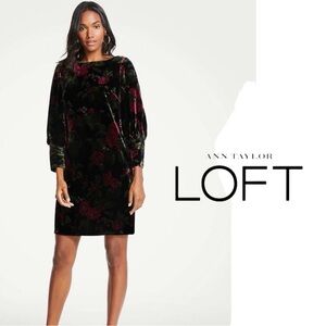 LOFT Floral Velvet Shift Dress Soft Glam Romantic Cocktail Long Sleeve Size 8